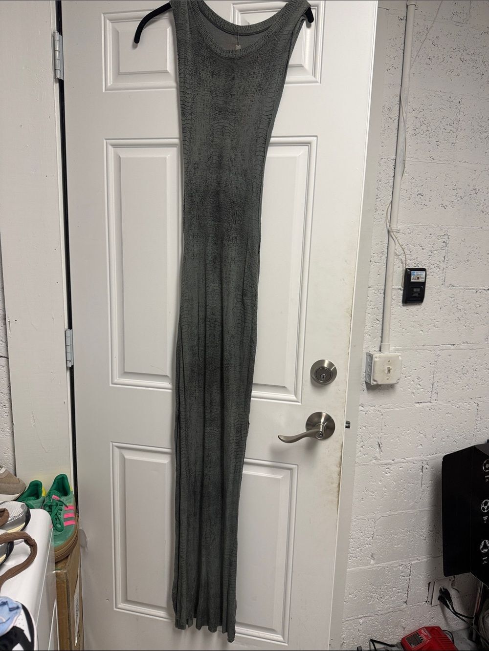 INDAH Sleeveless Maxi Ribbed Dress in Olive Green - Patterned (Open Sides) Small